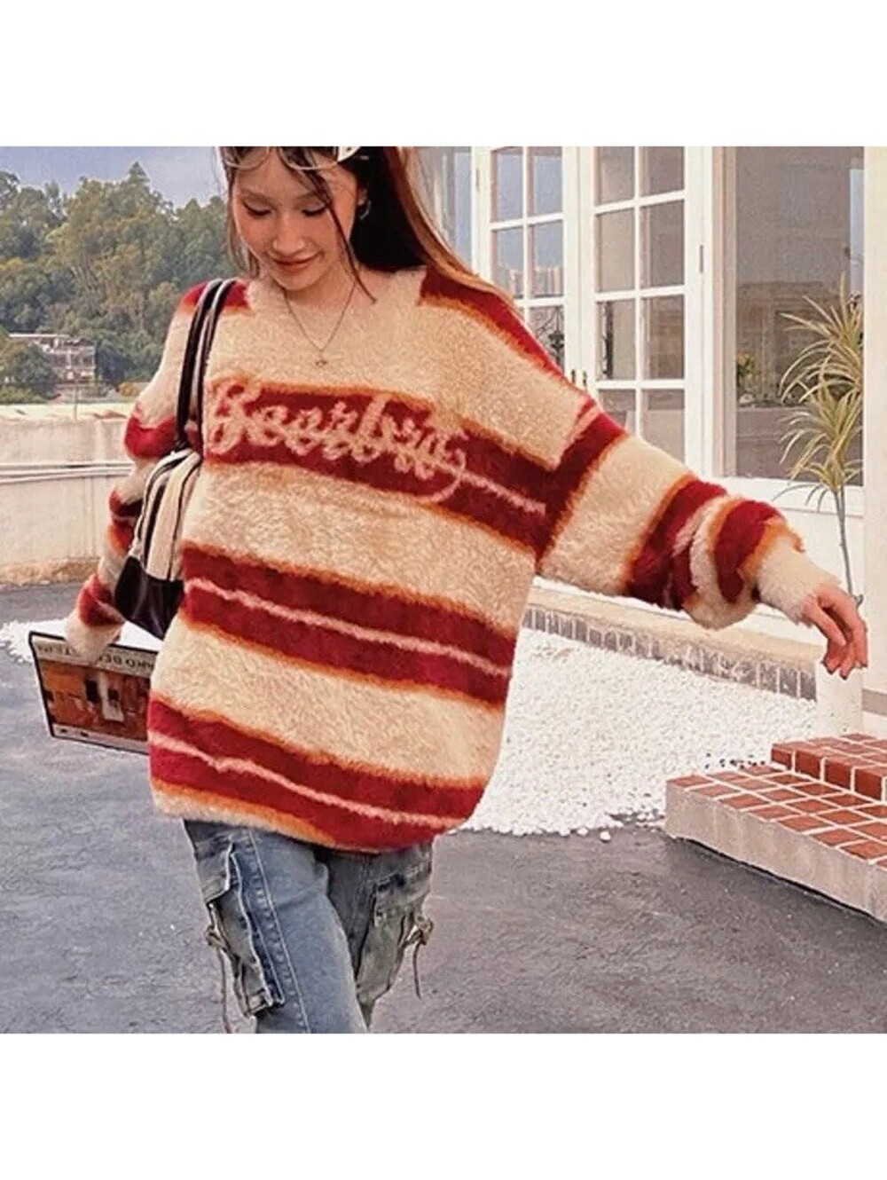 Beerbro Chinese Streetwear Eyelash Striped Sweater Streetwear Urban Fashion M